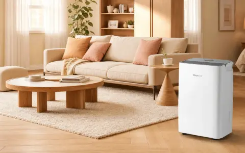 Un deumidificatore bianco Deye in un soggiorno moderno, ideale per capire come impostare il deumidificatore in estate e mantenere l'aria fresca.