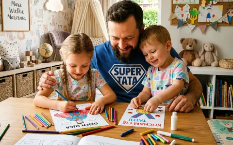 Tata w koszulce "Super Tata" z córką i synem maluje obrazki na Dzień Ojca.