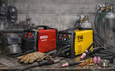 Dos máquinas de soldar, una roja MMA y una amarilla TIG, son ejemplos de qué es un soldador inverter. Incluyen equipo de soldadura y cascos.