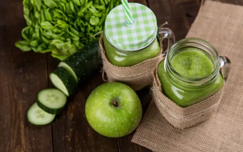 Dwa słoiki z zielonym smoothie, obok jabłko, plasterki ogórka i sałata. Orzeźwiający drink z ogórkiem na drewnianym tle.