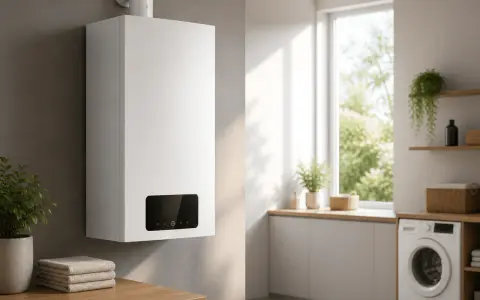 Caldaia a condensazione o tradizionale, bianca, montata a parete in un ambiente moderno con lavatrice e finestra luminosa.