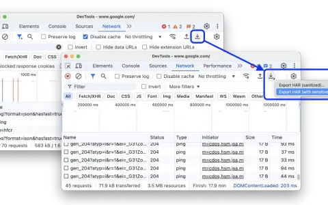 Narzędzie deweloperskie Chrome pokazuje opcję eksportu danych sieciowych. Synchronizacja zakładek Chrome jest kluczowa dla zachowania ustawień.