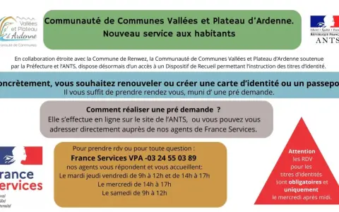 Communauté de Communes Vallées et Plateau d'Ardenne : nouveau service pour vos titres d'identité. Prise de RDV obligatoire le mercredi après-midi. État civil 08.