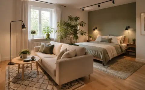 Przytulny salon z sypialnią. Jasna kanapa, okrągły stolik kawowy i duże łóżko tworzą idealne miejsce do relaksu.