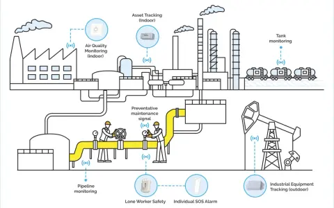 Diagram shows companies using IoT for asset tracking, air quality monitoring, tank monitoring, pipeline monitoring, lone worker safety, and industrial equipment tracking.