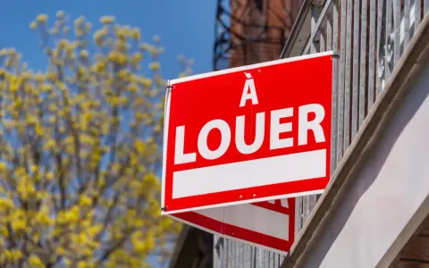 Panneau "À louer" rouge vif, un signe d'espoir pour comment trouver un logement rapidement. Arbre fleuri en arrière-plan.