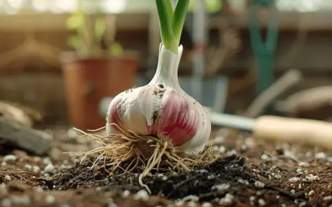 Une tête d'ail germée, prête pour la plantation. Le moment idéal pour savoir quand planter l'ail est maintenant, pour une récolte savoureuse.