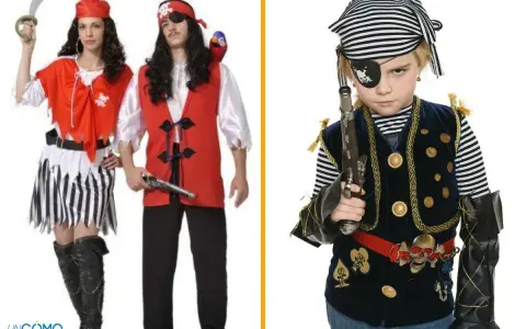 Pareja con disfraz pirata casero y niña pirata con parche y pistola.