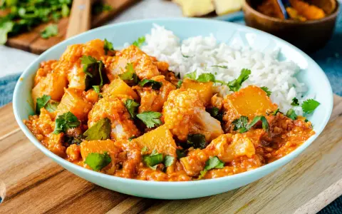 Herzhaftes Aloo Gobi mit Blumenkohl und Kartoffeln in würziger Tomatensauce, garniert mit Koriander und serviert mit Reis.