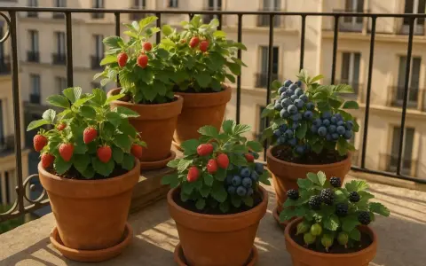 Un balcon parisien orné de framboisiers en pot, de fraises, myrtilles et groseilles, promettant une récolte gourmande.