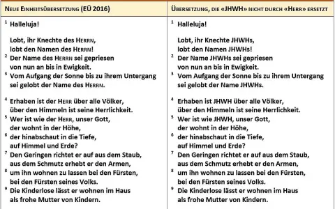 Zwei Bibelübersetzungen von Psalm 113. Die Bedeutung von "Halleluja" wird durch Lobpreis des Herrn und JHWHs verdeutlicht.