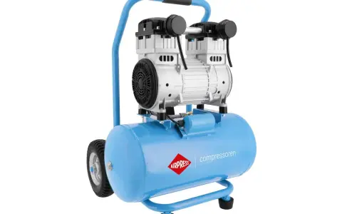 Niebieski kompresor z uchwytem i kółkami. Logo AIRPRESS i napis "compressoren" sugerują, że to firma produkująca sprężarki.