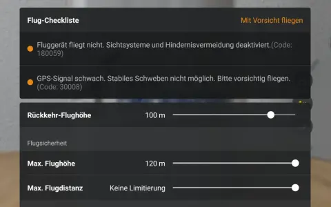 Flug-Checkliste in der DJI Fly App: Fluggerät fliegt nicht, GPS-Signal schwach. Bitte vorsichtig fliegen.