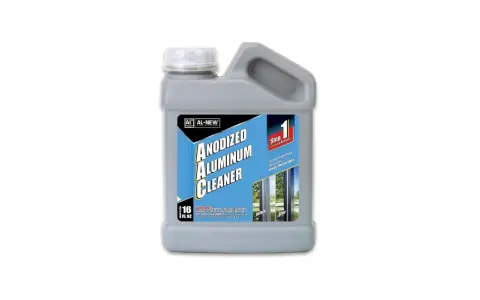 A bottle of AL-NEW Anodized Aluminum Cleaner, showing how to clean aluminum to restore its shine.
