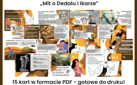 Grafika przedstawia materiał edukacyjny "Mit o Dedalu i Ikare", zawierający tekst, ilustracje i quiz.