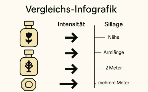 Infografik mit Parfumflaschen, Pfeilen für Intensität und Skala für Sillage (Nähe, Armlänge, 2 Meter, mehrere Meter).