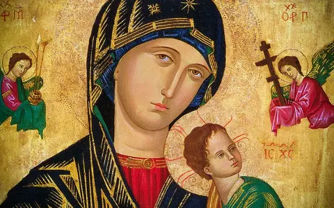 Ikona Matki Bożej z Dzieciątkiem, otoczona aniołami. Wzrok Maryi kieruje się ku górze, jakby w modlitwie porannej do Maryi.