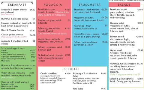 Menu z Maltą: śniadania, focaccie, bruschetty, sałatki i specjale. Ceny od €3.50.