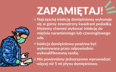 Lekarz w niebieskim fartuchu i masce przygotowuje zastrzyk w pośladek. Pamiętaj o prawidłowym miejscu podania!