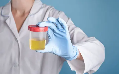 Ręka w niebieskiej rękawiczce trzyma pojemnik z żółtym płynem, sugerując badanie na obecność glukozy w moczu.