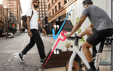 Man walking on city street vs man riding a stationary bike.