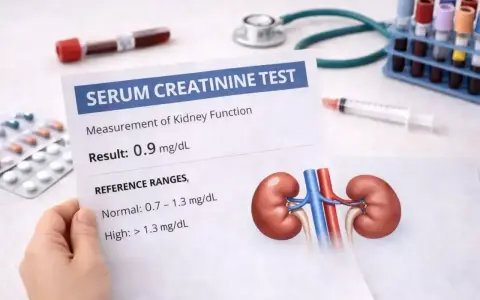 Wynik badania kreatynina w surowicy 0.9 mg/dL, wskazujący na prawidłową funkcję nerek. Obok wyniki badań, strzykawka, leki i stetoskop.