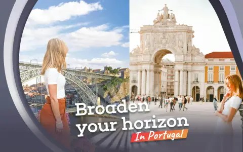 Frauen blicken auf die Brücke in Porto und den Triumphbogen in Lissabon. Entdecke Portugal!
