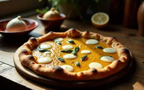 Apetyczna pizza bianca z pomarańczowym sosem, białymi kropkami sera i listkami bazylii, na drewnianym blacie.
