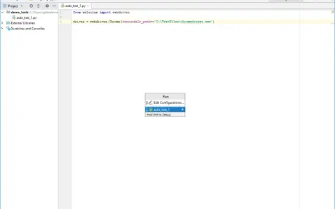 Ekran IDE PyCharm z otwartym plikiem Pythona i menu uruchamiania testów.