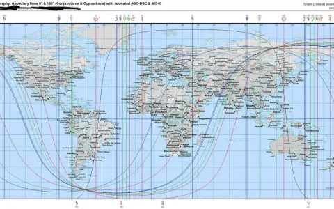 Mapa świata z liniami aspektów horoskopu urodzeniowego, pokazująca powiązania między miejscami narodzin a planetami.