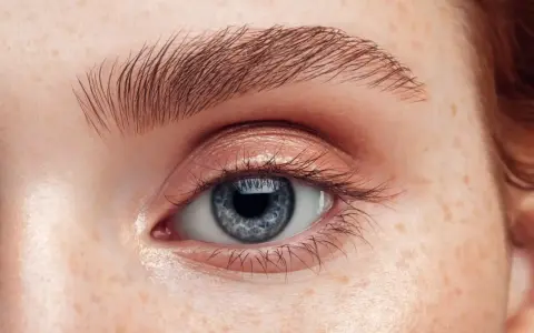 Nahaufnahme eines blauen Auges mit Sommersprossen und perfekt geformten Augenbrauen.