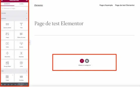 Interface Elementor pour créer une page de test. Le panneau latéral affiche divers éléments de thème, prêts à être glissés.