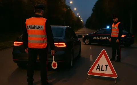 Carabinieri in alta visibilità fermano il traffico con un segnale di "ALT", applicando l'articolo 12 del codice della strada.