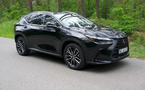 Elegancki, czarny Lexus NX 350h na tle leśnej drogi.