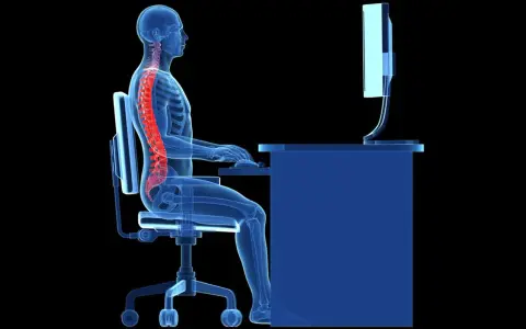 Illustration d'une colonne vertébrale rouge sur un squelette bleu assis à un bureau. L'ergonome définit la posture idéale pour éviter les douleurs.