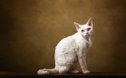 Biały kot rasy Devon Rex z kręconą sierścią siedzi na drewnianym blacie.