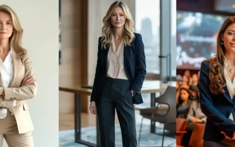 Three women exude confidence in stylish power dressing for women. One stands in a tan suit, another in a navy blazer, and the third in a navy suit addressing an audience.