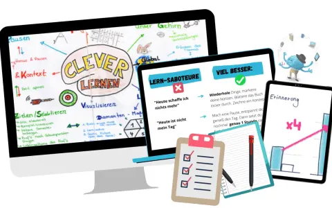 Eine digitale Präsentation für die Schule zeigt eine Mindmap zum Thema "Clever lernen", Tipps für besseres Lernen und eine Grafik zur Erinnerung.