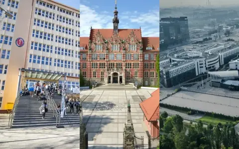Trzy budynki uczelni w Gdańsku: Collegium Medicum, Politechnika Gdańska i nowoczesne centrum badawcze.