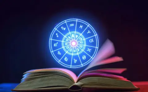 Otwarta księga, z której unosi się neonowy zodiak. Wskazuje na tajemnice i intuicję, jakby neptun w 6 domu odsłaniał codzienne przeznaczenie.