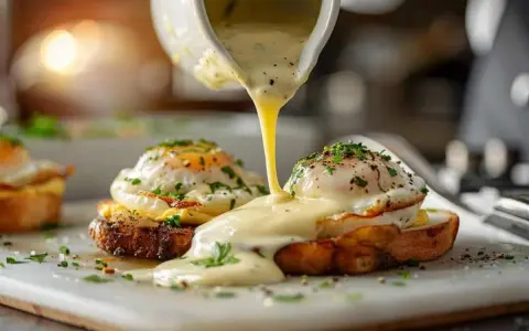 Un filet de sauce hollandaise onctueuse nappe des œufs pochés sur du pain grillé, un délice matinal.