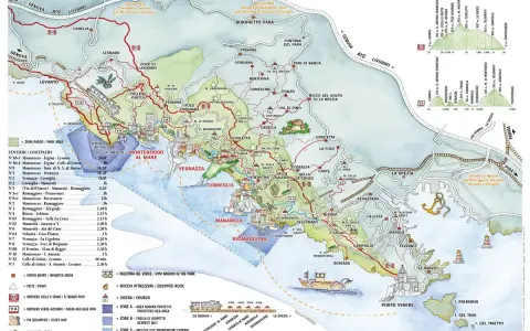 Mappa dei sentieri delle Cinque Terre, ideale per un trekking Liguria 2 giorni. Mostra i percorsi, le distanze e i tempi di percorrenza tra i borghi.