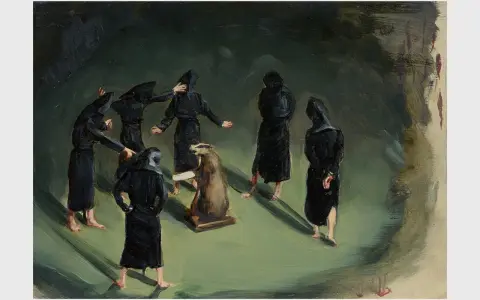 A group of figures in black robes gather around a taxidermied beaver in this unsettling painting by Michael Borremans.