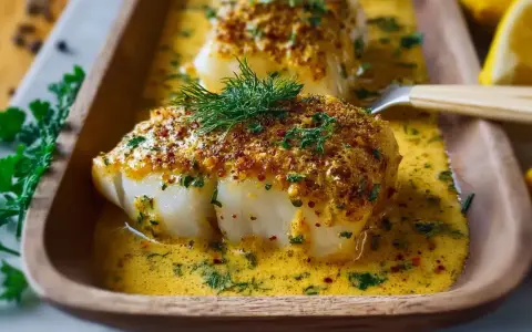 Zartes Fischfilet mit knuspriger Kruste in cremiger Sauce, ein köstliches Fischauflauf Rezept.