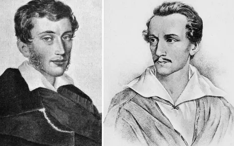 Dwa portrety: Adam Mickiewicz po lewej, Juliusz Słowacki po prawej. Dwóch wieszczów polskiego romantyzmu.