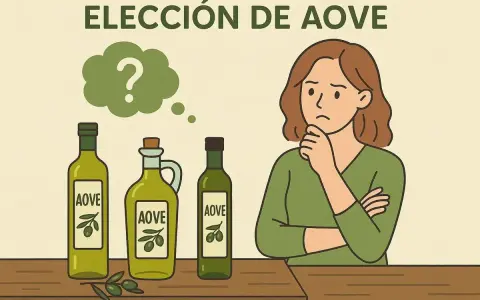 Mujer pensativa frente a botellas de AOVE, preguntándose qué significa virgen extra.