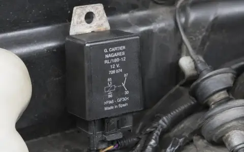 Uszkodzony przekaźnik objawy: czarny element z oznaczeniami G. CARTIER NAGARES, 12V, schematem połączeń i napisem "Made in Spain".