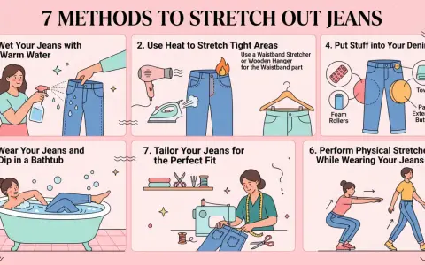 7 methods to stretch out jeans: wet them, use heat, stuff them, wear them in the tub, tailor them, or do physical stretches.