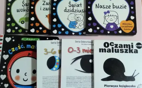 Książeczki kontrastowe dla niemowląt, jak widzi 3 miesięczne dziecko: świat wokół, zwierzaki, buzie, ślimak.