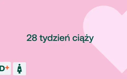 28 tydzień ciąży to już 7 miesiąc. Delikatny róż i serce w tle.